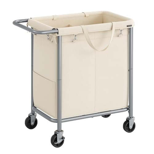 SONGMICS Laundry Basket with Wheels, 2-Section Rolling Laundry Hamper, 37 Gallons (140 L), Removable Liner, Steel Frame with Handle, 27.2 x 15.4 x 31.9 Inches, Cream White URLS004W01