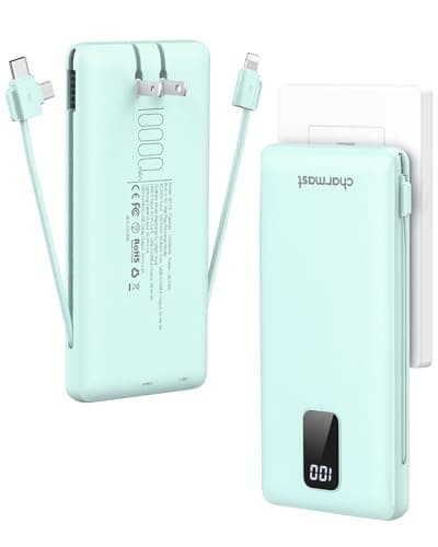 charmast Portable Charger with Built-in Cables and Plug, 10000mAh USB C Power Bank Fast Charging, External Battery Pack Slim, Travel Essentials Compatible with iPhones, Samsung Galaxy, iPad