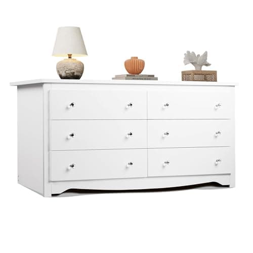 WLIVE White Dresser with 6 Drawer, 59“Wide Modern Chest of Drawers for Bedroom, Wood Large Storage Tower Unit, Closet Store Organizer for Living Room, Hallway