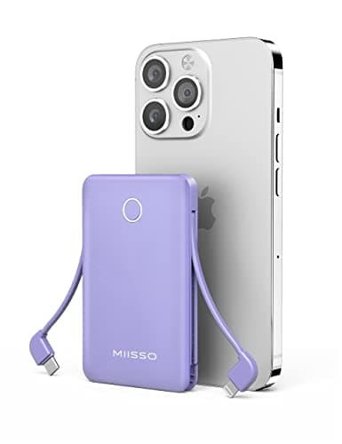 miisso 6000mah Ultra Slim Built in Cables Power Bank, Card Size Built in USB C Cords Battery Pack Portable Charger for Phones, 3 Output External Battery Pack Compatible with iPhone, Purple