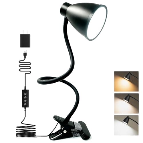 BOHON Desk Lamp 5 Color Modes 10 Brightness Dimmer Reading Light 10W 38 LED Clamp Lamp with Auto Off Timer 360° Flexible Neck Clip on Light for Bed Bedside, AC Adapter Include