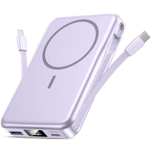 Magnetic Portable Charger, 10000mAh Power Bank, 5 in 1 Portable Charger with Built in Cable, 20W Fast Charging for Magsafe Battery Pack Compatible with iPhone 17/16/15/14/13/12 Pro/Pro Max-Purple
