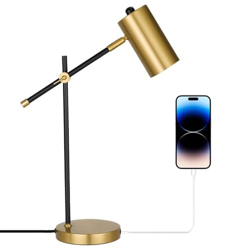 Folux Modern Black and Gold Desk Lamp with Type C Charging Port, Minimalist Industrial Table Lamp with Swing Arm, for Study Room Home Office Bedroom Bedside Nightstand