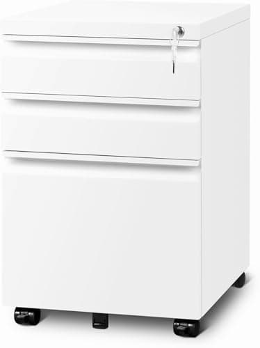 Guizeeopo 3 Drawer File Cabinet with Lock, File Cabinets for Home Office,Under Desk Cabinet, Locking File Cabinet for A4/Letter/Legal, Fully Assembled Expect Casters, Matte White