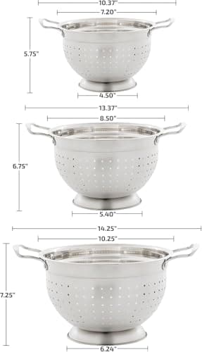 OVENTE Premium Stainless Steel Colander Set of 3 with Comfortable Large Handles, 1.5, 3, 5 Quarts Essential Kitchen Strainer for Draining Spaghetti Pasta, Rinsing Vegetables or Fruits, Silver C46263S 6