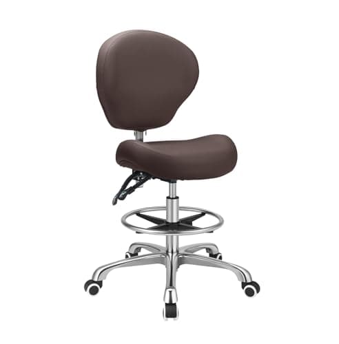 Kaleurrier Adjustable Stools Drafting Chair with Backrest & Foot Rest,Tilt Back,Swivel Seat,Rolling Wheels,for Studio,Dental,Office,Salon and Counter,Armless Tall Home Desk Chairs (Brown)