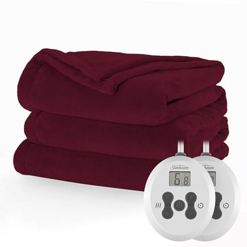 Sunbeam Electric Royal Luxe Microplush Heated Blanket 12 Heat Settings, 12-Hour Selectable Auto Shut-Off, Fast Heating, Warm and Cozy, Dark Cherry Color, Queen, 90" x 84"