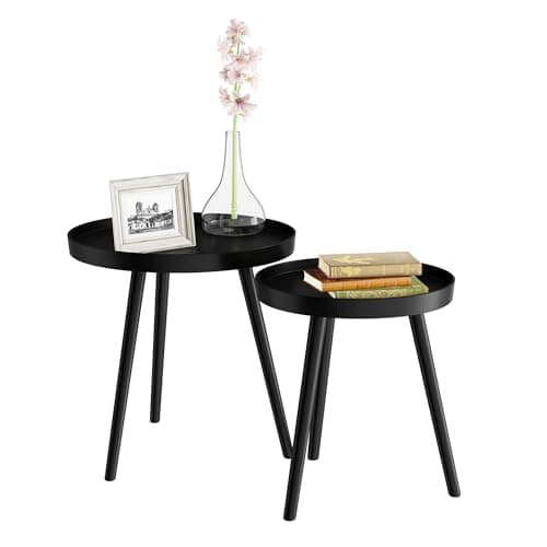 Nesting Side Tables - Set of 2 Round End Tables for Living Room, Bedroom, or Home Office - Accent Table Set with Tray Tops - Mid-Century Modern Living Room Furniture by Lavish Home (Black)