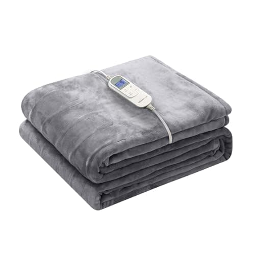 Wapaneus Heated Blanket Electric Throw 72" x 84" Full Size with 10 Heating Levels 12 Hours Time Setings and Auto-Shut Off, Flannel Fast-Heating Electric Blanket,Machine Washable,Light Grey