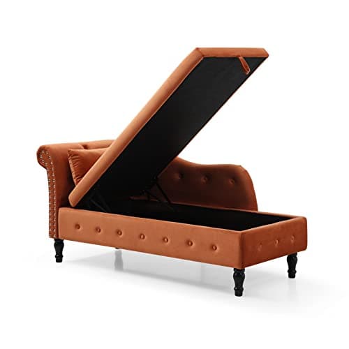 HomSof Velvet Chaise Lounge with Storage, Buttons Tufted Lounge Chair Indoor, Orange Reclining Chair Solid Wood Legs with 1 Pillow 7