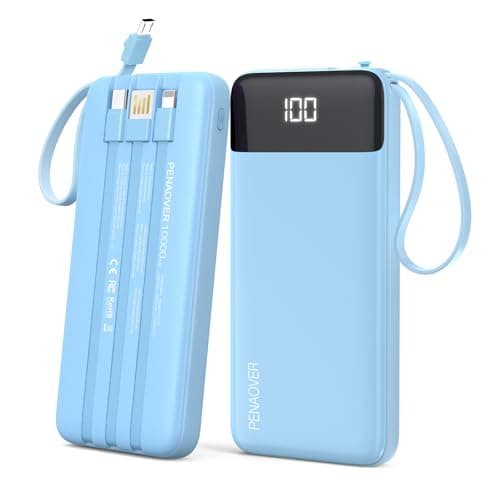 penaover Portable Charger 10000mAh Power Bank with Built-in Cable, 5 Output 2 Input Travel Essential External Battery Pack with LED Display Compatible with iPhone 17/16/15/14 Samsung Android, etc