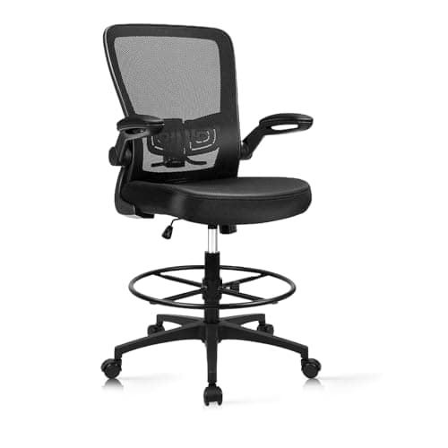 Drafting Chair Tall Office Chair, High Chairs with Flip-up Armrests Executive Ergonomic Computer Standing Mesh Desk Chair with Adjustable Footrest Ring and Lumbar Support Black