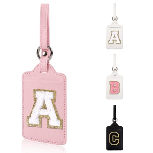 Personalized Initial Luggage Tags for Suitcases, Leather Chenille Letter Cute Luggage Tags with Privacy Name Card, Embroidered Travel Bag Backpack Tag Gifts for Women Kids Girls Teens(Pink-A)