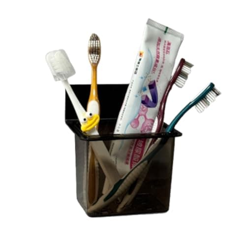 Sounxun Toothbrush Holder Toothpaste Holder with Wall Mounted Metal Frame & Plastic Black Bathroom Organizer with Tape for Bathroom Toothbrush Toothpaste Floss Makeup Brush Razor - one Pack