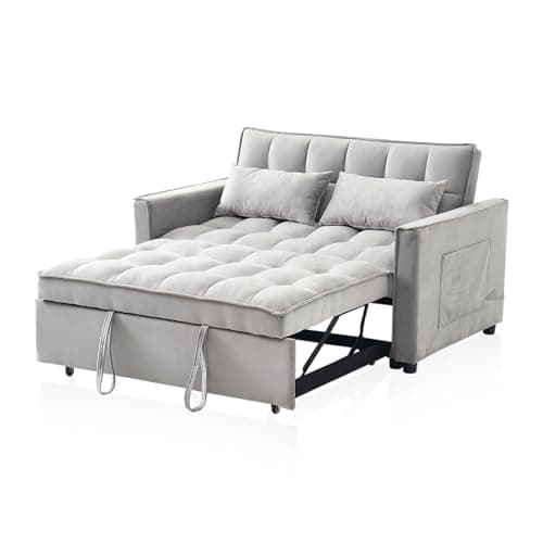 FENFSHE 3-in-1 Loveseat Sleeper Sofa, Modern 55.5" Pull Out Couch, Velvet Upholstered Futon Sofa Bed with Adjustable Backrest, Convertible Sofa Bed with Storage Pockets for Living Room(Light Grey) 9