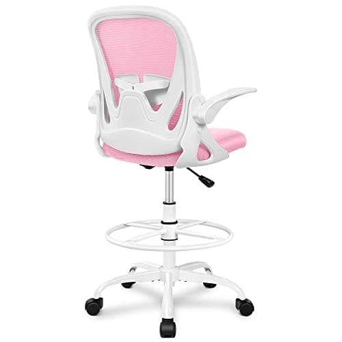 Primy Drafting Chair Tall Office Chair with Flip-up Armrests Executive Ergonomic Computer Standing Desk Chair with Lumbar Support and Adjustable Footrest Ring (Pink)