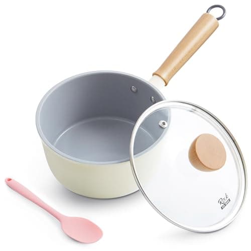 ROCKURWOK Ceramic Nonstick Sauce Pan, 2 Quart Cooking Pot, Small Saucepan with Lid, PTFE & PFAS-Free, Wooden Handle for Cool Touch, Universal Base(Gas, Electric & Induction), White
