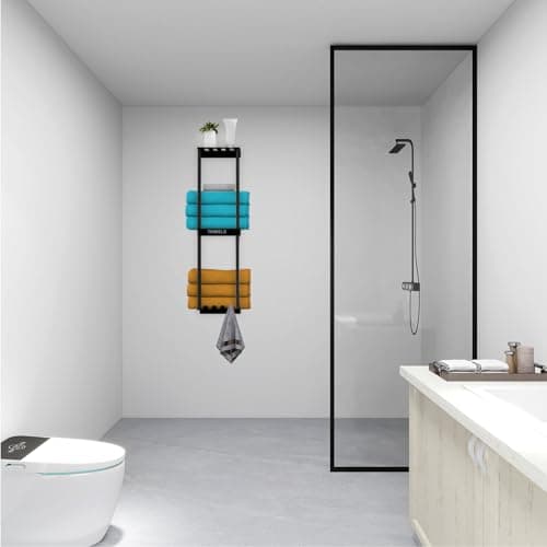 Bathroom Towel Storage Rack, Wall Towel Rack for Rolled Towels, 3 Tier Towel Holder Shelf with 4 Hooks for Small Bathroom, Matte Black 7