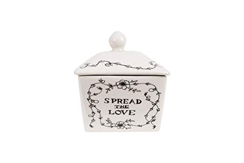 Creative Co-Op Country Stoneware Butter Dish with Lid, "Spread the Love" Message, and Farm Line Drawing, White and Black, Food, Microwave, and Dishwasher Safe 5