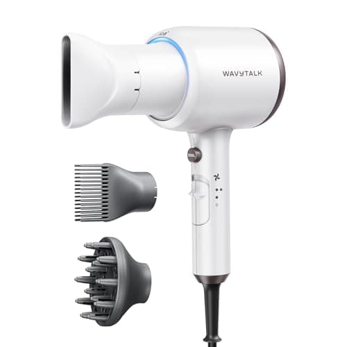 Wavytalk Hair Dryer, Blown Away Ionic Hair Dryer for Curly Hair with Diffuser, 1875W Fast Drying Blow Dryer with Ceramic Technology, 3 Attachments for All Hair Types, Light and Quiet, White