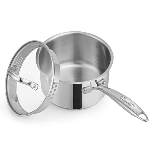 Ciwete 2 Qt Stainless Steel Saucepan with Glass Strainer Lid, 2 Quart Pot Stainless Steel Sauce Pan with Pour Spout, Mirror Polishing, Compatible with All Cooktops Dishwasher Safe Oven Safe