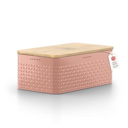 LARS NYSØM Bread Box I Metal Box with linen bag for long lasting freshness I Bread Bin with bamboo lid usable as cutting board I 13.4x7.3x5.3In (Blush Rose)