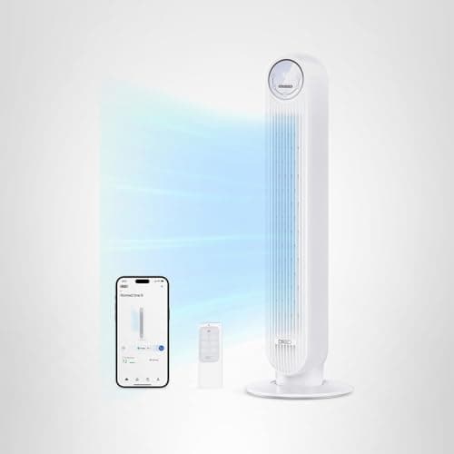 Dreo Tower Fan for Bedroom, 25ft/s Smart Standing Fans, 90° Oscillating Floor Fan with 4 Modes, 4 Speeds, 8H Timer, 28dB, Bladeless, Remote, 28 dB, Works with WiFi Voice Control 8