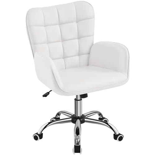 Yaheetech Modern Faux Leather Office Chair Ergonomic Adjustable Makeup Chair with Padded Armrests Big Seat for Office, Bedroom, Living Room, White