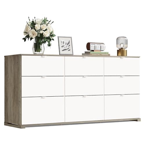 WLIVE 9 Drawer Dresser for Bedroom, 63" Wide Large Wood Chest of Drawers Organize with Sturdy Metal Handle, Modern Dresser for TV Stand, Living Room Office, Hallway, Ball Bearing Slide, Grey Oak