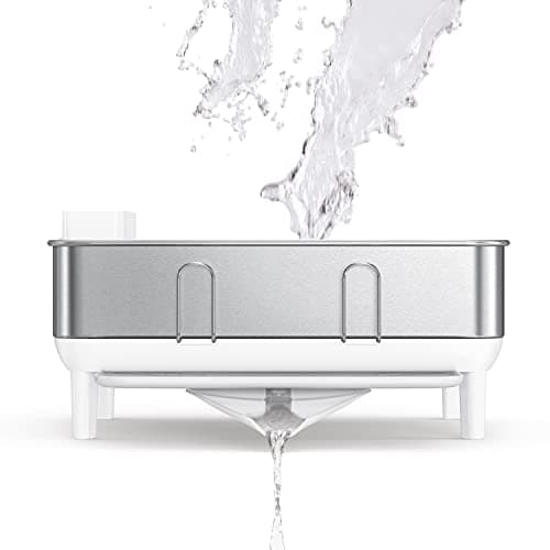 simplehuman Compact Kitchen Dish Drying Rack with Swivel Spout, Fingerprint-Proof Stainless Steel Frame, White Plastic 6