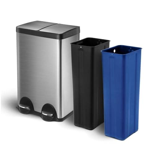 Home Zone Living 16 Gallon Kitchen Trash Can with Dual Compartments for Trash and Recycling, Soft Close Lids, Step Pedals, and Removable Liners, Stainless Steel, Silver