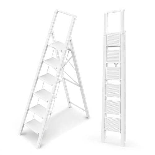 WOA WOA 6 Step Ladder, Lightweight Folding ladders with Wide Pedals, Slim Stepladder for Narrow Spaces, Tall Ladder for High Ceilings with Handrails, Kitchen Aluminum Ladder 300lbs - White