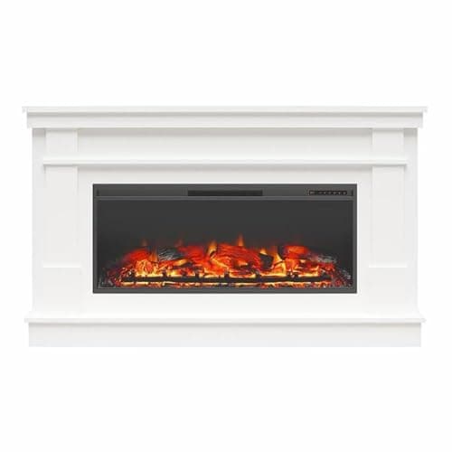 Pemberly Row Wide Mantel with Linear Electric Fireplace, 64 in Wide, Laminated MDF, White Finish, Realistic Flame Effect, Remote Control, Modern Design for Living or Family Room 5