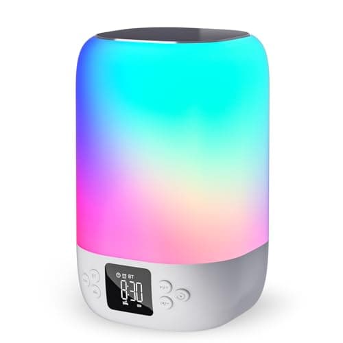 Night Light Bluetooth Speaker Alarm Clock, Sound Machine with White Noise, Touch Bedside Lamp for Bedroom, Dimmable Warm Light, 8 RGB Color Changing, Ideal Gift for 10-15 Year Old Teenage Boys Girls