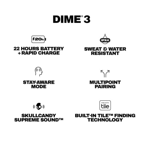 Skullcandy Dime 3 Wireless Earbuds, Bluetooth Headphones, Noise Isolating Fit, Up to 20 Hours Battery, Microphone for iPhone Android, Easy Carry with Integrated Lanyard - Bone 9