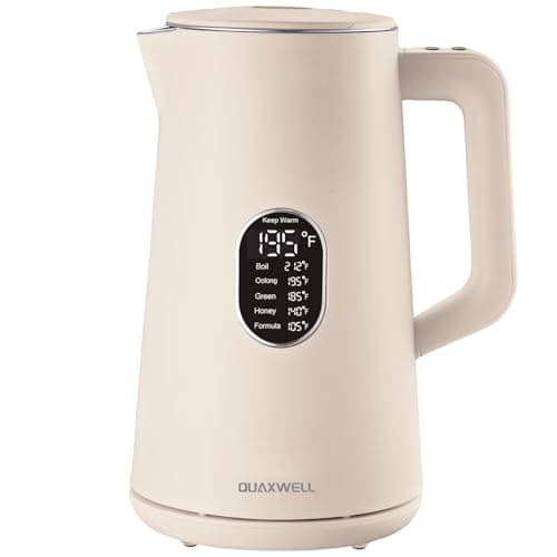 QUAXWELL 1.5L Electric Kettle Stainless Steel, Double Wall Cool Touch Teapot, Fast Boil,5 Temperature Control, LED Display, Auto Shut-Off,Keep Warm Function,Cream White