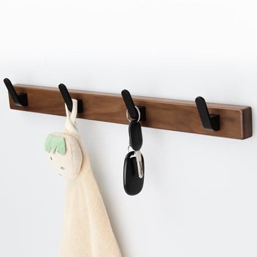 IURRDOP 17 Inch Walnut Wood Wall Mounted Coat Rack with 4 Black Hooks, Adhesive Mounted Entryway Hooks, Modern Natural Wooden Pegs for Hanging Coat Clothes Hat Bag Purse Key and Towel