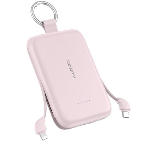 RORRY Portable Charger, 10000mAh PD 30W Fast Charging Portable Charger Power Bank with Built-in Cables, Travel Keychain Charger Battery Pack for iPhone 17/16/15/14/13/12, for AirPods 2/3/4/Pro, Pink