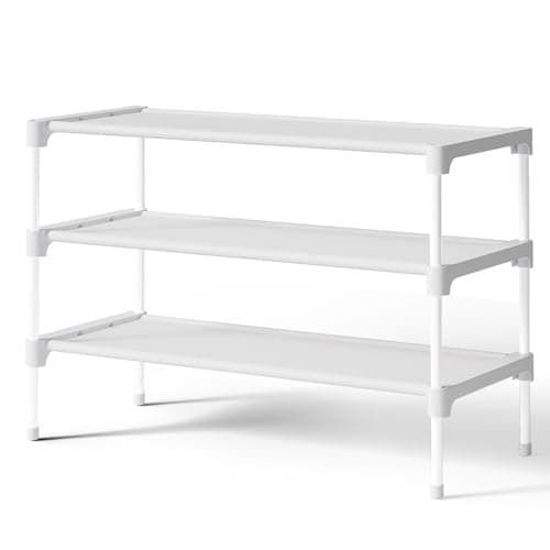Kitsure Shoe Rack - Non-Woven Shoe Rack Shelf, Shoe Organizer for Closet, Entryway, Garage & Corridor, Stackable Shoe Shelves, 27.5" Wide - 3 Tier, White