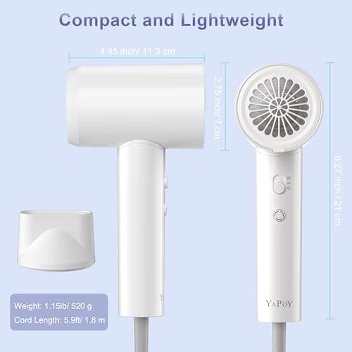 YAPOY Hair Dryer, 200 Million Ionic Blow Dryer, 110,000 RPM Fast Drying, Reduced Frizz, Intelligent Thermo-Control, Low Noise, Lightweight for Adult/Children/Dog, Home/Hotel/RV/Travel 7