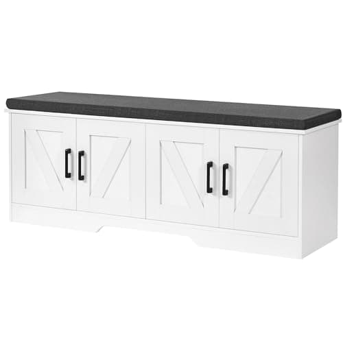 HOMSHO 2-Tier Storage Bench, 47.2" Wide Shoe Bench with Padded Seat Cushion, Entryway Bench with 4 Barn Doors and Adjustable Shelf, White