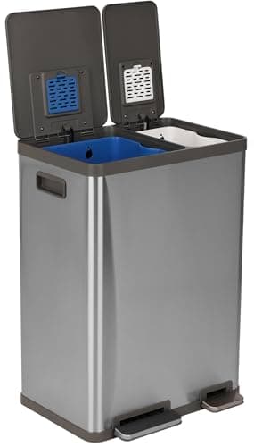 Simpli-Magic 16 Gallon (38L x 22L) Dual Compartment Step Trash Can – Kitchen Garbage Can with Waste & Recycling Bins – Slow-Close Lid, Odor Control, Hands-Free, Easy to Clean, Brushed Stainless Steel 2