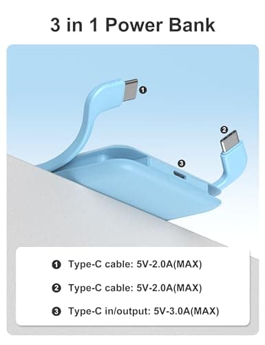 10000mAh Compatible with iPhone 15/16/17 and Android, Slim Portable Charger with Built in Cable, Power Bank Travel Charger External Battery Pack for Phone, 3 Output USB Type C Cord, Blue 7