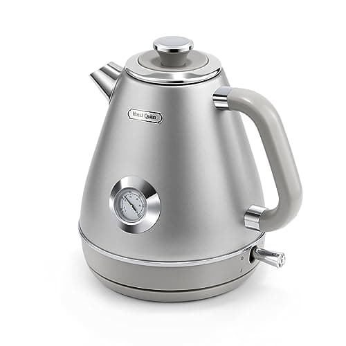 Hazel Quinn Retro Electric Kettle - 1.7 Liters / 57.5 Ounces Tea Kettle with Thermometer, All Stainless Steel, Fast Boiling 1200 W, BPA-free, Cordless, Rotational Base, Automatic Shut Off - Space Gray