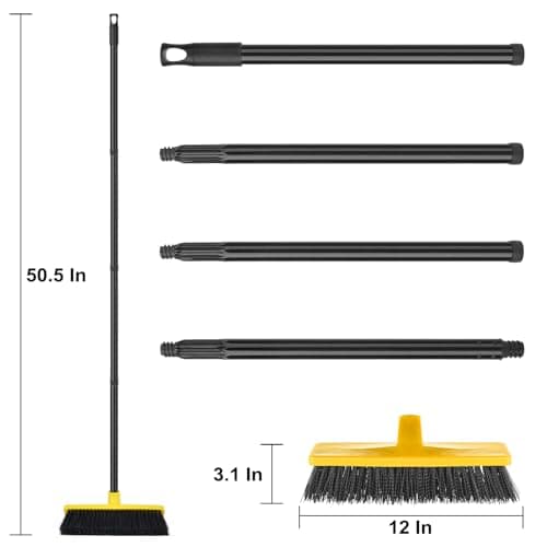 Push Broom Outdoor Indoor Broom 12" Wide,50" Long Handle with Stiff Bristles for Cleaning Scrubbing Deck Driveway Yard Patio Wood Stone Tile Floor 6