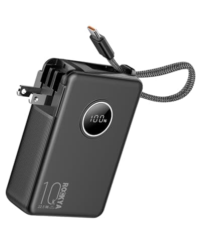 ROCKYA Portable Charger with Built-in Cables,LED Display and AC Wall Plug,USB C PD 22.5W Fast Charging Power Bank,Travel Essentials 10000mAh Battery Pack Compatible with iPhone,iPad,Samsung,etc