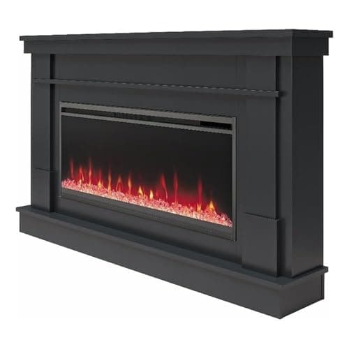 Novogratz Waverly 64 Inch Electric Fireplace with Mantel, Replaceable Fireplace Insert Heater, Remote Control, Timer, Color Changing Crystal Ember Flames, For Living Room or Bedroom, Black