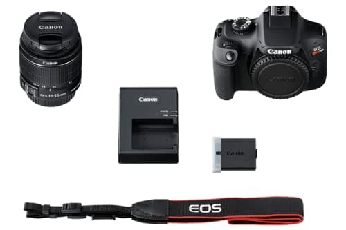 Canon EOS 4000D / Rebel T100 DSLR Camera with 18-55mm Lens + 64GB Memory Card + Case + Card Reader + Flex Tripod + Hand Strap + Cap Keeper + Memory Wallet + Cleaning Kit 8