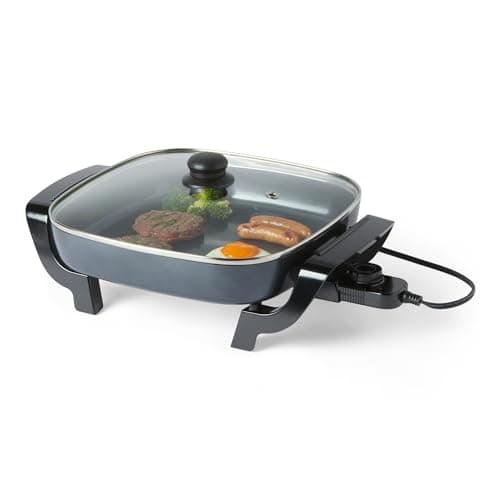 Amazon Basics Electric Skillet and Frying Pan with Glass Lid, Nonstick Ceramic Coating, Cool-Touch Handles, Adjustable Heat, 15.74 x 11.81 x 6.69 inch, Black