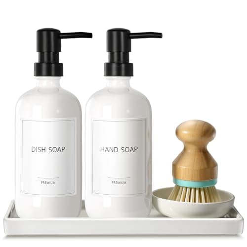 GMISUN Kitchen Soap Dispenser Set, 16 Oz Hand and Dish Soap Dispenser with Ceramic Tray & Bamboo Dish Brush, 2 Pack White Glass Liquid Pump Bottle, Modern Farmhouse Refillable Dish Soap Bottle